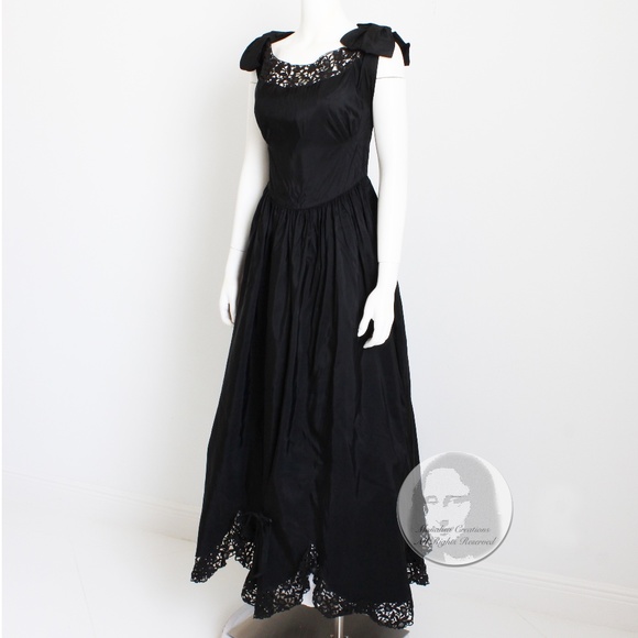 Vintage 40s Party Dress Black Taffeta with Scalloped Lace Hem Irving Detroit - Picture 9 of 14